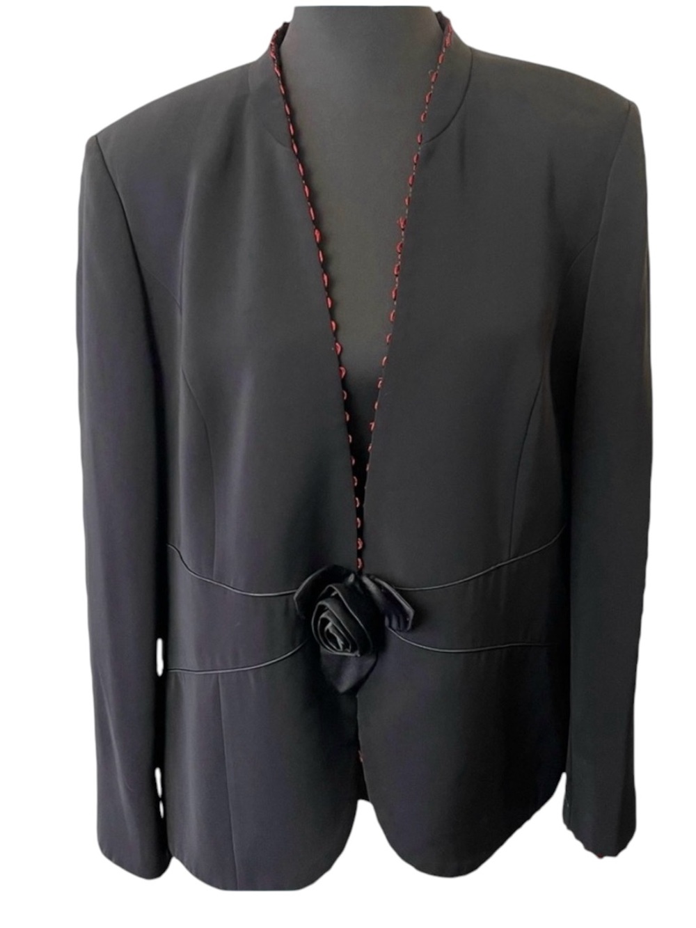 Jacques Vert Black Red Trim Flower Embellishment Closure Blazer Jacket (18)